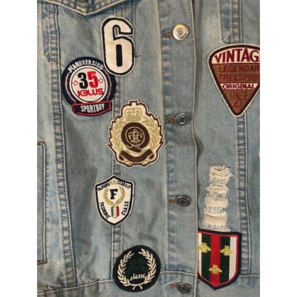 Design Lab Lord & Taylor Light Blue Patch Streetwear Denim Jean Jacket Women Med - Picture 9 of 12